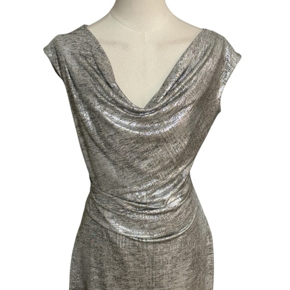 Vince Camuto Shimmery Silver Metallic Knit Cowl Neck Sheath Dress Size 6 Party - Picture 6 of 9
